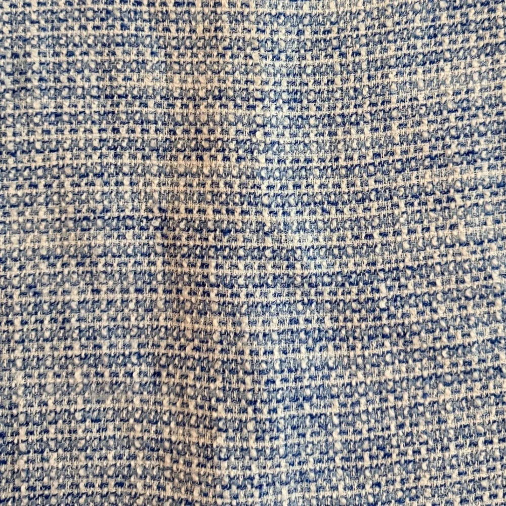 Zara Tweed Top Womens M Blue White Peter Pan Collar Puff Sleeve Fringe Preppy